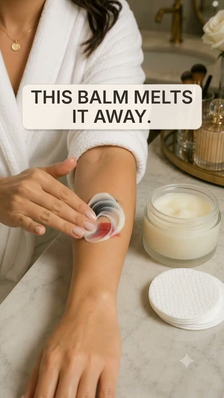 Cleansing balm melting makeup on skin — tactile proof frame