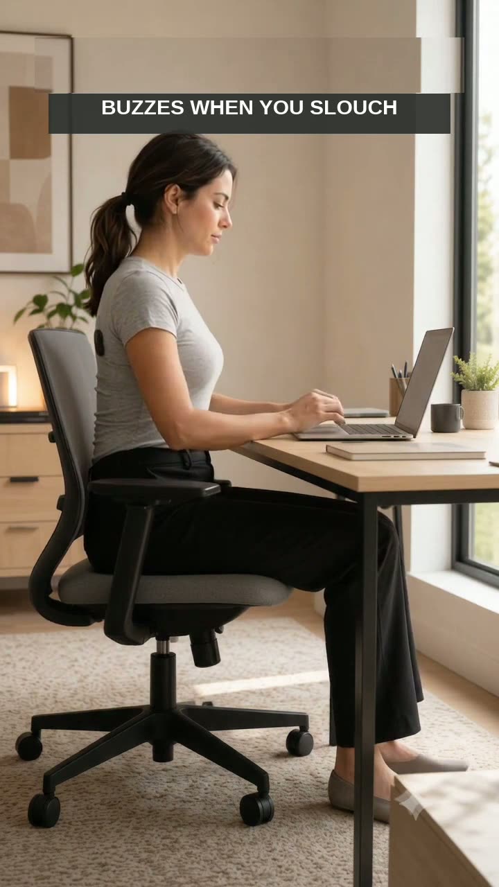 Posture trainer worn at a desk — wellness payoff frame