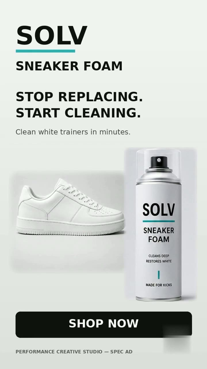 Sneaker foam lifting dirt from a white trainer — product proof frame